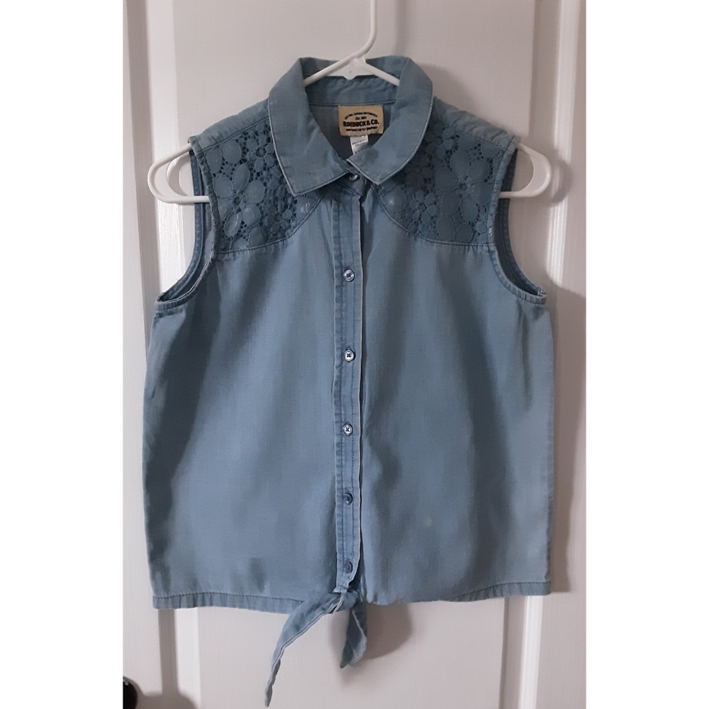 Girls Light Thin Denim Floral Decor Button Up